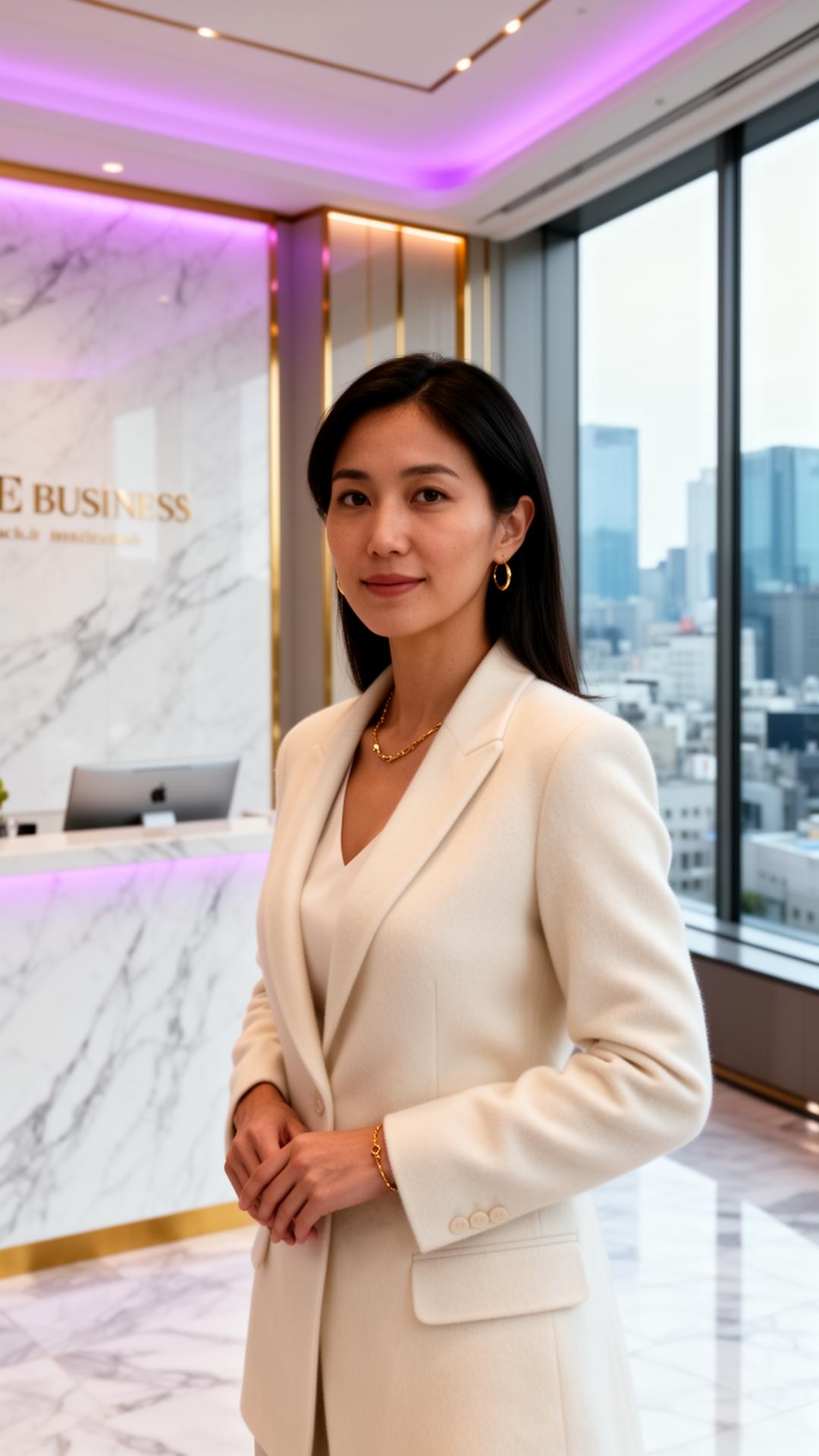 醫資網形象 — 高端醫療金融女性企業家於白色大理石診所